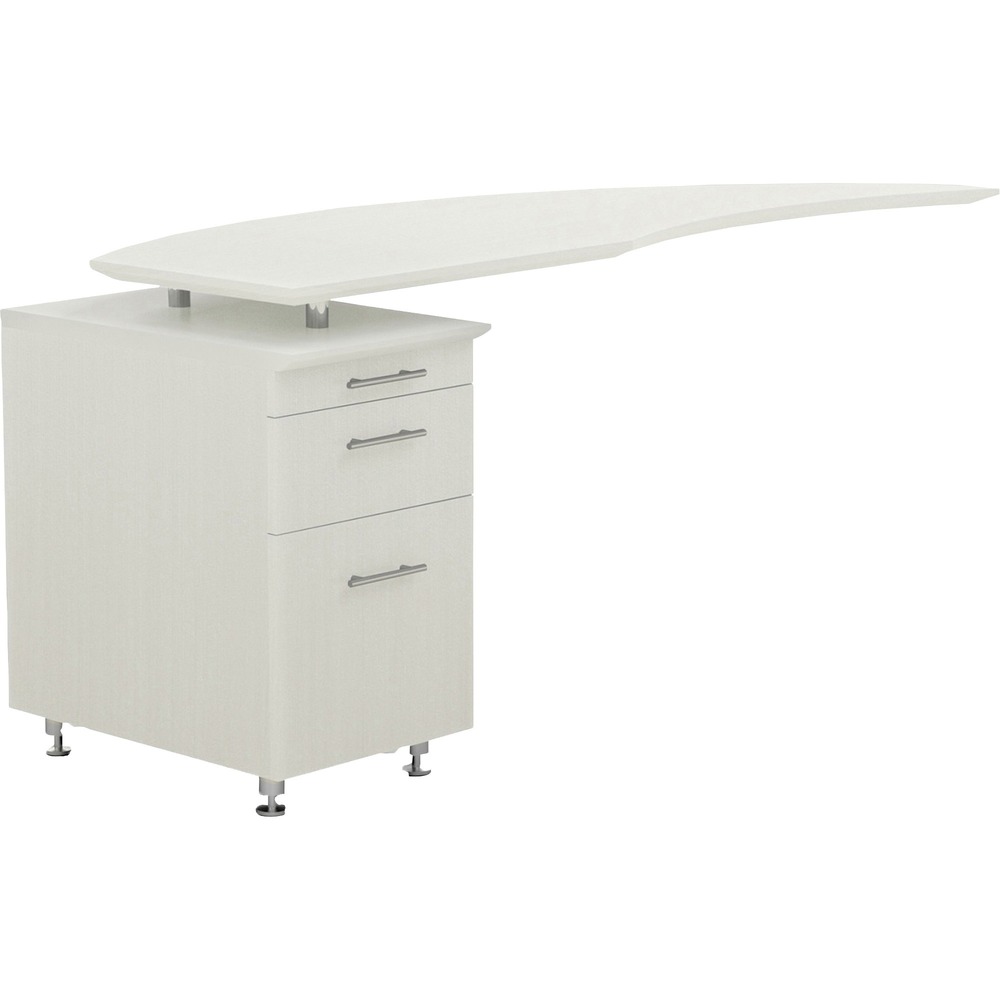 SAFMNRTPLTSS - Left-hand return top with pedestal is part of the Medina Series that offers contemporary style and elegant functionality for your office. Clean lines, curved shapes and floating worksurfaces reflect Italian design influences. Textured Sea Salt laminate finish ensures a cohesive collaboration with other Medina furniture and complements most any decor. Excellent durability of the laminate finish reduces wear and tear. The 1" thick worksurface features a distinctive beveled edge and silver detailing. Use this top with Medina desk to create L-shaped workstations. Curved return top is supported by a Pencil-Box-File Pedestal that is included for convenient storage options. Pedestal drawer is finished to match exterior laminate. Gang-Lock features removable core for keying locks alike. Pedestal stands off the floor on silver legs with leveling glides.