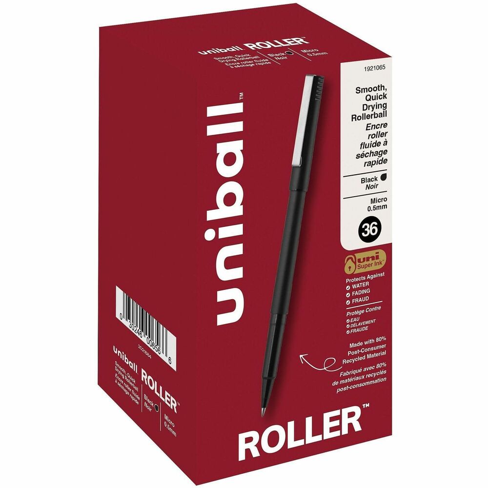 UBC1921065 - Stock your office, home or classroom with Roller Rollerball Stick Pens from uniball featuring a strong, long lasting 0.5mm micro tip. This rollerball pen delivers the silky-smooth glide of a fountain pen without smudging for effortless writing. Micro point pens produce neat and precise lines for intricate writing, making it easy to create super fine details in your drawings and diagrams. Capped roller pens are useful for a variety of tasks from note taking to signing checks and legal documents to uniquely embellishing fun and creative writing projects. Innovative uni Super Ink technology forms a strong bond with the paper, protecting from water, fading and fraud. A great economic and environmental choice as this super sleek micro point roller pen is made from 80% post-consumer recycled material.