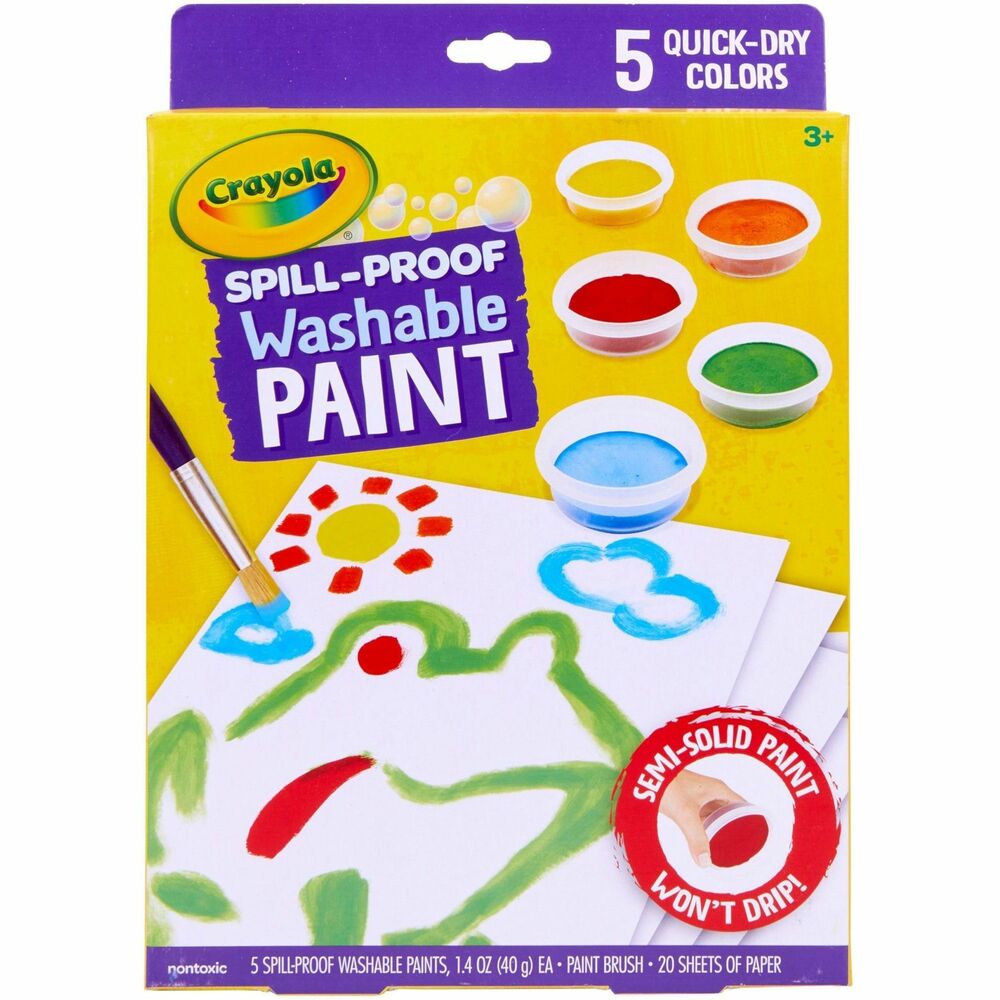 CYO541092 - Keep craft time simple with Crayola Spill Proof Washable Paint Set. Designed for less mess during your arts and crafts times, this paint set features five jars of spill-proof paint (40mg each), one paint brush, 20 sheets of paper and one instruction sheet. Unlike traditional paints, Crayola Semi Solid Paints prevent spills, drips and messes. Even better, these paints for children require little setup or cleanup to use. When changing colors, simply wipe the brush on a damp cloth to keep your palette clean. Paint colors work well on most paper and dry quickly to prevent smearing. They are washable from skin and fabric. Safe, nontoxic paint is recommended for children ages 3 and up.