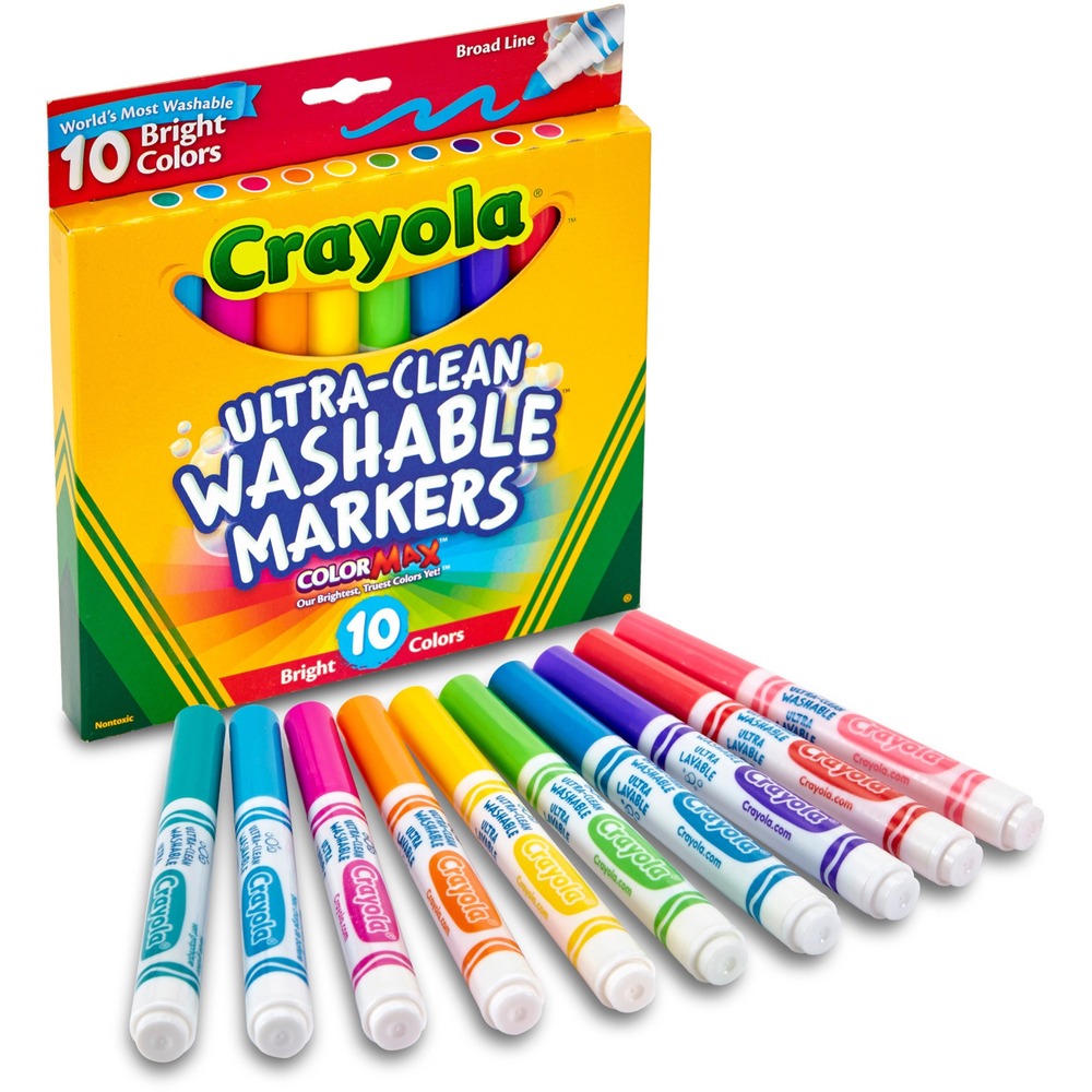 CYO587855 - Ultra-Clean Washable Markers provide artists with eight tropical Crayola colors that feature Color Max for the most vibrant color. The variety of bright colors in this pack invites imaginative expression. The pack includes plum, golden yellow, primrose, azure, copper, emerald, teal, raspberry, kiwi and pumpkin. With its conical tip, the Crayola Broad Line Marker is a versatile drawing tool. Perfect for coloring in large areas, these nontoxic markers are also great for drawing thin lines or dots. Children can even create a ribbon effect with lines that taper from thick to thin. Broad-line markers lay down plenty of color and won't smudge or bleed through paper. Ultra-Clean formula washes easily from skin, clothing and common household surfaces - even painted walls.
