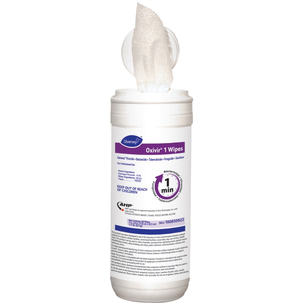 DVO100850922 - Made with next-generation, ready-to-use disinfectant/cleaner based on proprietary, hydrogen peroxide (AHP) technology, Oxivir 1 Wipes deliver fast, effective cleaning performance. They disinfect in 1 minute or less, making it the shortest contact time in Betco's portfolio of disinfectants. It is a virucide, bactericide, tuberculocide, fungicide and non-food contact sanitizer that kills MRSA and Norovirus. Broad-spectrum, multi-surface wipes meet bloodborne pathogen standards for decontaminating blood and body fluids. They are specially designed to penetrate the toughest soils. Environmentally responsible wipes contain no VOCs, no added fragrance, no NPEs, no phosphates, no quats and no phenols. Active ingredient breaks down to water and oxygen after use.