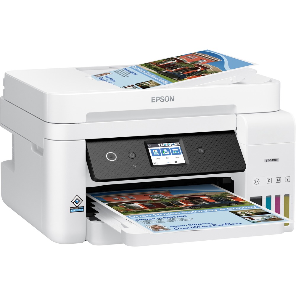 EPSC11CJ60203 - WorkForce ST-C4100 Supertank Color Multifunction Printer, powered by PrecisionCore Heat-Free technology, offers remarkable productivity for small work teams with its revolutionary printing and easy-to-fill, super-size ink tanks. Cost-efficient, included ink prints up to 14,000 black/white pages and 11,200 color pages. Print as fast as 15.5 ppm (black/white) and 8.5 ppm (color) in resolutions up to 4800 x 1200 dpi. Copy one-sided or two-sided documents as large as legal-size paper. Scan to your computer or Cloud for easy access. Fax memory stores up to 100 pages for optimal storage. Printer features a high-capacity, 250-sheet input tray; 30-sheet automatic document feeder (ADF); and automatic, two-sided printing. Easily navigate options using the 2.4" color touch screen. Print from your mobile device and wirelessly connect to built-in wireless or Wi-Fi Direct for convenience.
