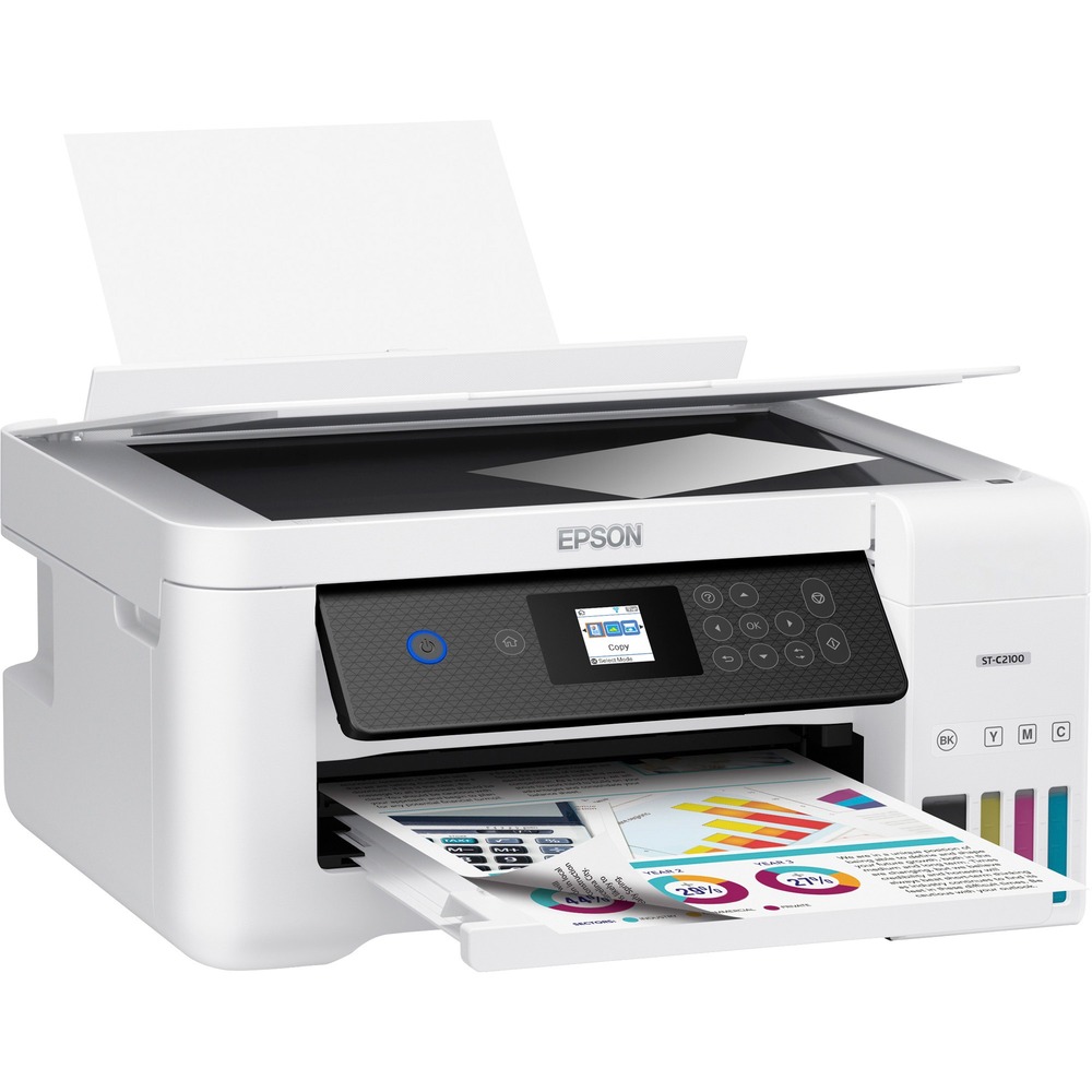 EPSC11CJ63203 - WorkForce ST-C2100 Supertank Color Printer offers remarkable productivity for small work teams with its easy-to-fill, super-size ink tanks and a small, compact footprint. Cost-efficient, included ink bottles print up to 6,500 black/white pages and 5,200 color pages. EcoFit bottles deliver vibrant color and sharp text for long-lasting, high-quality results. Print as fast as 10.5 ppm (black/white) and 5.0 ppm (color). Printer features a 100-sheet input tray and automatic, two-sided printing. Print borderless photos sized up to 4" x 6". Scan directly to your computer for easy access. Create up to 20 copies of documents in sizes ranging up to 8.5" x 11". Easily navigate options using the 1.44" LCD. Wirelessly connect to built-in wireless or Wi-Fi Direct for convenience. Epson Smart Panel app transforms your mobile device into a high-performance command center to set up, operate and monitor your printer.