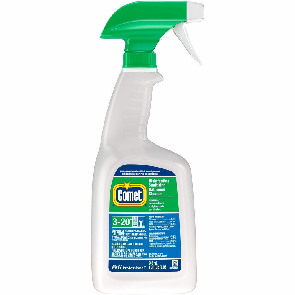 PGC19214 - Comet Disinfecting-Sanitizing Bathroom Cleaner cleans tough soap scum fast and with little effort. Its patented formula uniquely penetrates tough bathroom soils with little to no scrubbing needed. It's nonabrasive so it safely cleans porcelain, fiberglass, ceramic, formica, enamel, chrome, stainless steel and synthetic marble. It is included on the EPA List N of disinfectants for use against the novel coronavirus SARS-CoV-2. No rinsing is required after use. Bathroom cleaner also deodorizes while it cleans, leaving your restroom smelling clean and fresh.