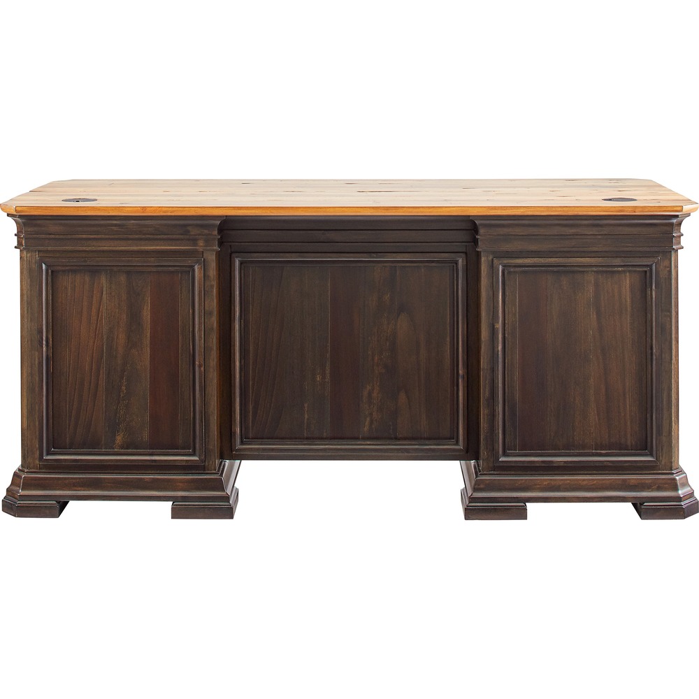 MRTIMSA680 - The Sonoma Double Pedestal Desk provides the elements to create a truly inspirational office environment. Hand-planked wood veneers in a rich, dark-roast finish the color of freshly brewed coffee show highlights of natural wood that has aged and is mildly distressed. Distressing includes rasping, chopping and wormholes along with varied species. Solid wood plank tops accent the dark finish and emphasize the wood's natural beauty for two-tone authenticity. Antique bronze hardware adds a shimmering touch. It also includes a drop-front keyboard drawer, four utility drawers and two grommets.