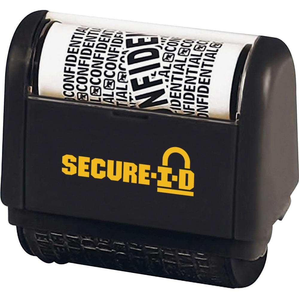 COS035510 - The Secure-I-D Personal Security Roller Stamp helps you black-out sensitive information on mail, documents and receipts. Security impression is 1-1/2" high, and you can adjust the length as needed by how long you roll. Roller design allows users to easily conceal sensitive documents. Stamp is pre-inked with black ink and lasts for thousands impressions.