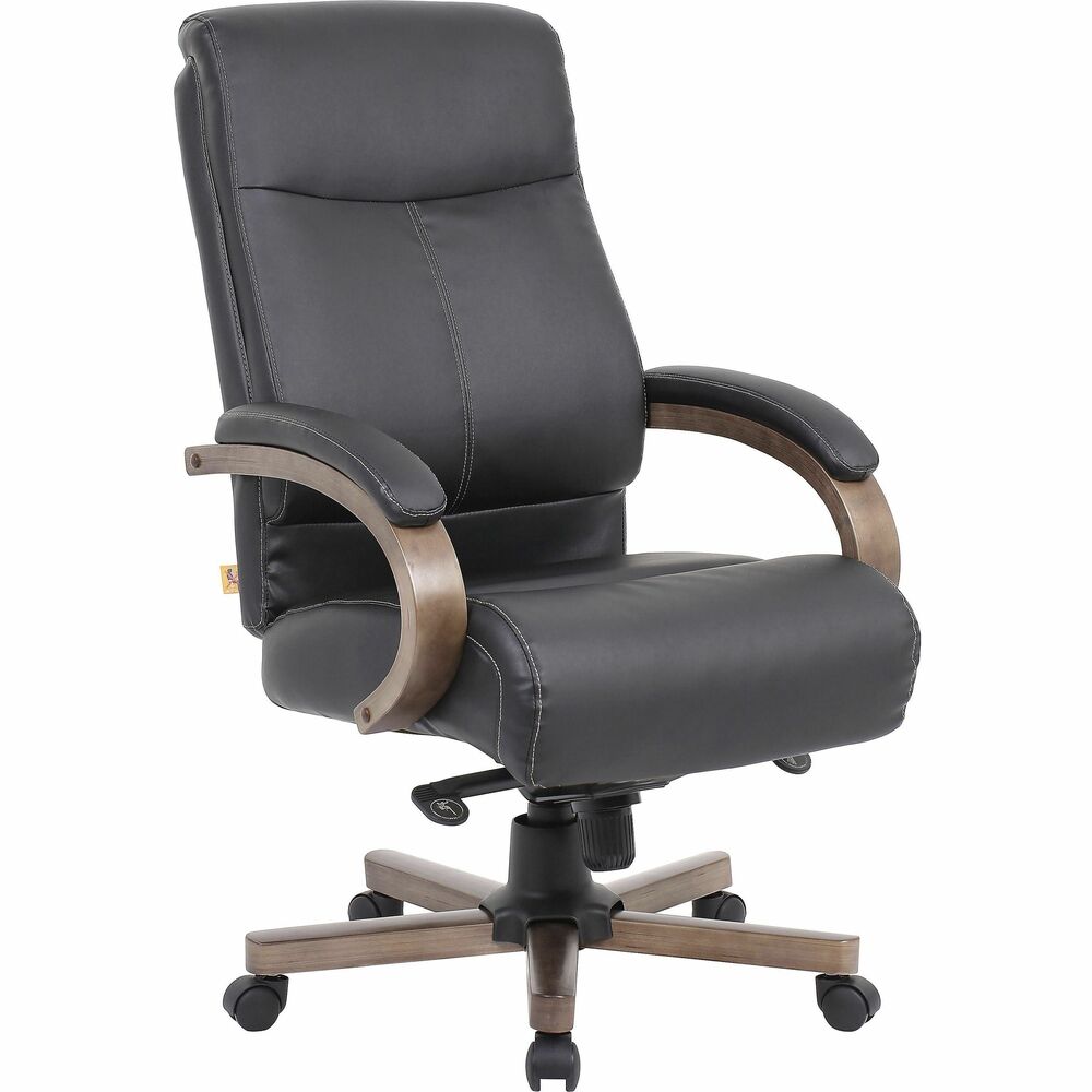 LLR69590 - Elegant executive chair with a high back is upholstered in black leather with added durability and softness of a padded seat and back. Wood finish arms are topped with soft arm pads. Enjoy an upright locking position, knee tilt and seat-height adjustment with a pneumatic gas lift from 19-1/2" to 22-11/25". Comfort functions also include 360-degree swivel, tilt and tilt tension. 27-1/2" steel base with wood finish is equipped with 2" hooded, double-wheel casters. Seat measures 20-7/25" wide x 19-7/25" deep. Back size is 19-17/25" wide x 23-31/50" high. Weight capacity is 275 lb.