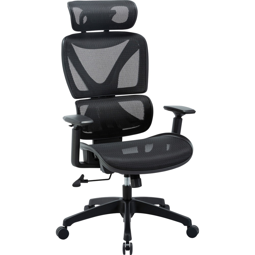 LLR84396 - High-back Mesh Chair features flexible, breathable mesh support from seat, lumbar segment, back panel to headrest. With complete mesh over the durable plastic frame, air will flow freely to help keep you cool while you work. Articulating lumbar support offers ergonomic support for your lower back to help prevent strain through extended seating. Headrest angle adjusts for optimal positioning. Nylon arms padded with cushioning polyurethane adjust in height from 24-1/4" to 28-1/8". Easily adjust comfort functions with the Simply Synchronized Mechanism for seat-height adjustment from 18-1/8" to 21-7/8" , tilt and tilt lock. Other functions include 360-degree swivel and tilt tension adjustment. Nylon, five-star base is equipped with dual-wheel casters for easy rolling from task to task. Seat measures 20-1/2" wide x 18-1/8" deep. Back size from lumbar support to headrest is 19-5/8" wide x 21-5/8" deep. More from the Manufacturer