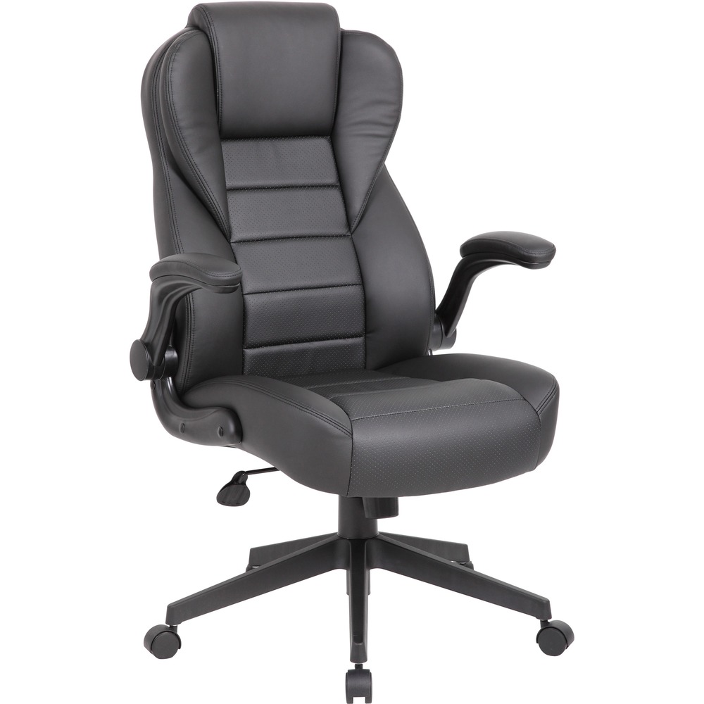 BOPB8551BK - Executive Chair is the perfect complement to any office. Upholstered with LeatherPlus, a combination of leather and polyurethane that promotes exquisite softness and durability, this chair is more than capable of taking comfortable seating to a new level. Passive ergonomic seating has integrated lumbar support for your lower back. Padded, flip armrests covered in the same elegant upholstery help you stay comfortable through extended use. Upright locking position stays securely positioned. It also includes pneumatic, gas lift, seat-height adjustment; spring-tilt mechanism and adjustable tilt tension control.
