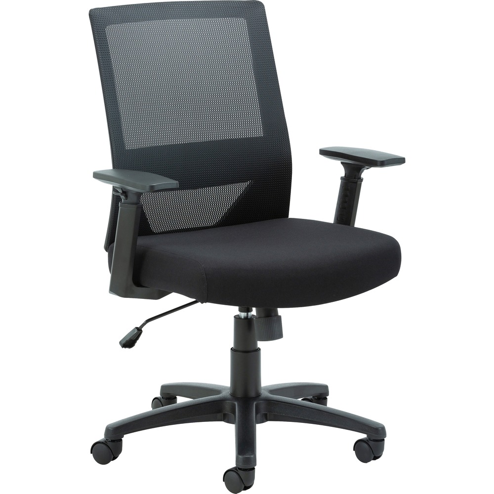 LLR41840 - Mid-Back Mesh Task Chair offers a thickly cushioned seat upholstered in fabric to match the comfort of the flexible, breathable mesh back with built-in, fixed lumbar support. Adjust the seat from 17-1/4" to 20" high and the nylon, padded arms from 23-3/8" to 26-3/8" high. Other functions include tilt lock, 360-degree swivel and tilt tension adjustment. Five-star nylon base features dual-wheeled casters for easy moving. Seat measures 20-1/2" wide x 17-7/8" deep. Back size is 18-1/2" wide x 19-3/4" high. Weight capacity is 275 lb. More from the Manufacturer