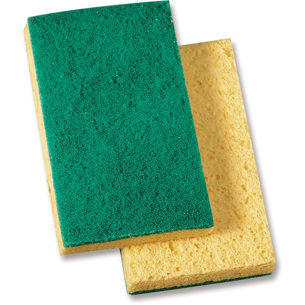 GJO18389 - Medium-Duty Sponge Scrubber includes a utility cellulose sponge on one side and medium-duty scouring pad on the other side. It is ideal for cleaning ovens, walls, countertops, sinks, bathrooms and tables. Hospitality-size scrubber rinses easily and is individually wrapped for more sanitary storage. Antimicrobial treatment protects the product from microbial growth so it lasts longer.
