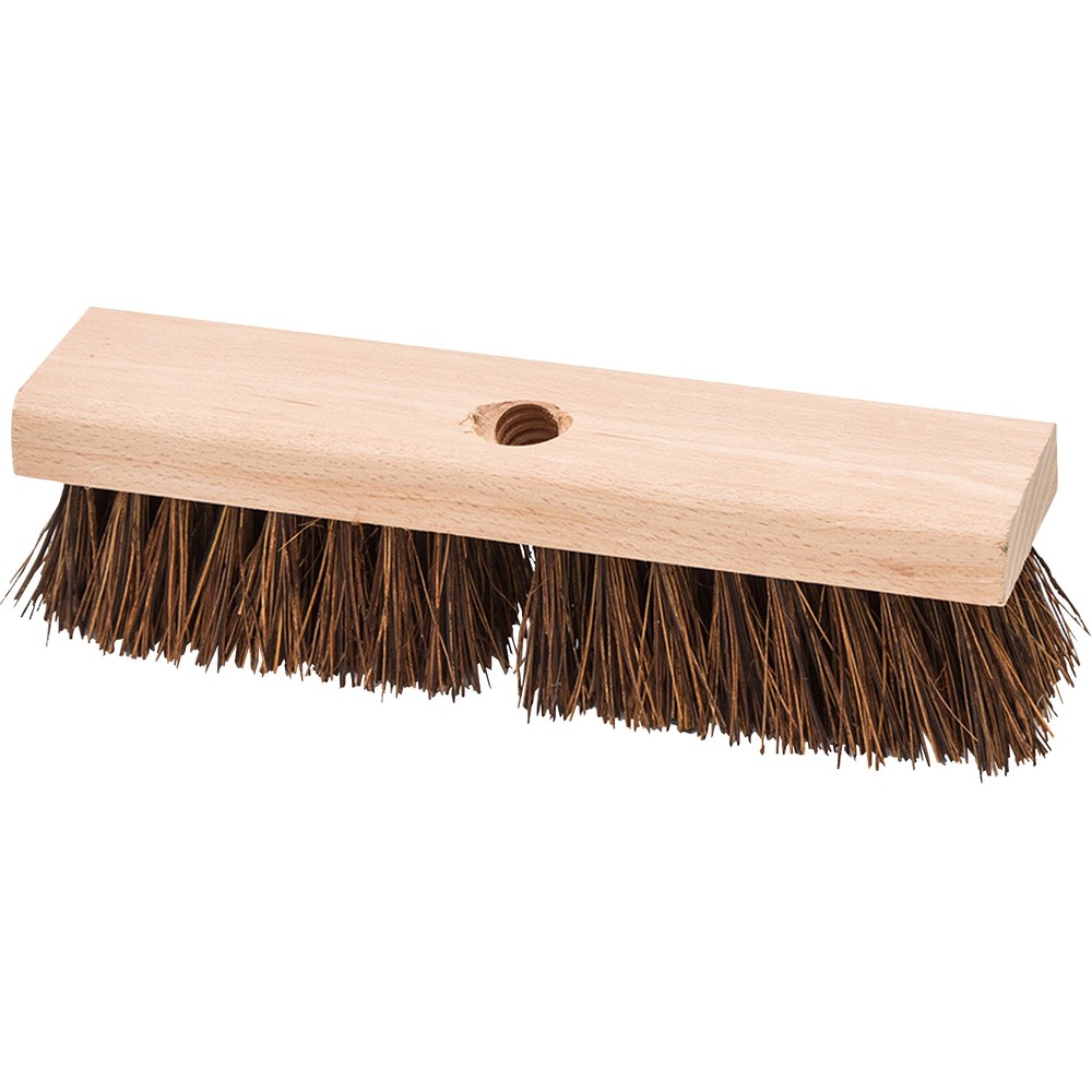 GJO18416 - Deck/Floor Brush with threaded handle hole features 2" palmyra bristles ideal for ruggedly scrubbing rough surfaces. Sturdy, natural fibers easily tackle tough cleaning jobs. Hole in the center of the 10" wide, smooth hardwood block easily accepts handles with standard threading no matter the length.