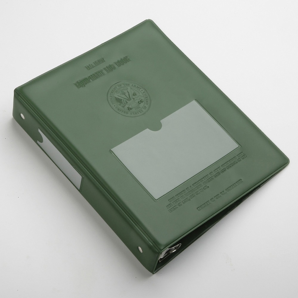 NSN8893494 - U.S. Army Equipment Log Book is a handy organizer for aircraft and vehicle maintenance records. Vinyl cover is embossed with the Army Seal and reads U.S. Army Equipment Log Book for clear identification of function and record-keeping. Be more precise in identifying this three-ring log book by sliding a 5" wide x 3" high insert into the front title slot and a 1" wide x 3" high insert into the spine title slot. Store 6-3/8" wide x 9-1/2" high sheets in the rings and loose sheets in the pocket on the inside back cover. Three-ring closure includes a booster for easy opening and closing. Round rings are spaced 3-1/2" apart.