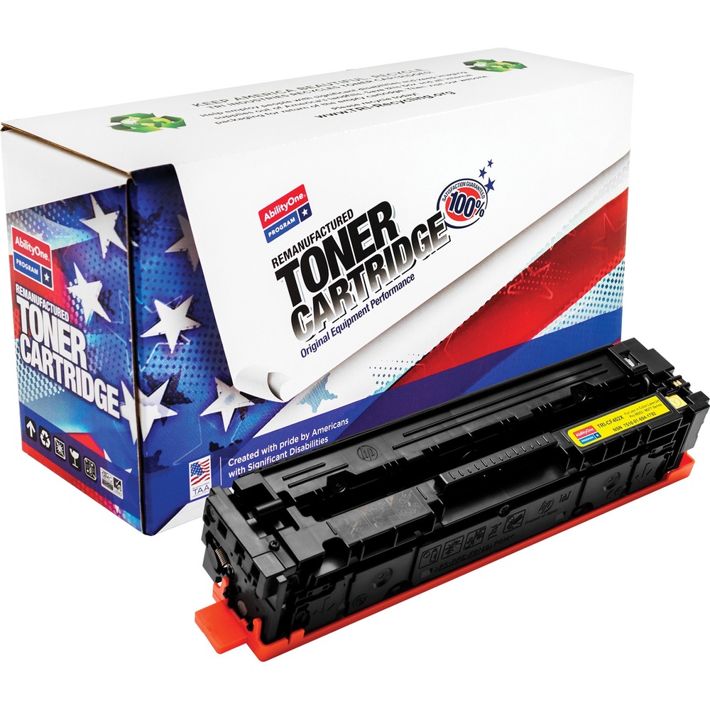 NSN6941792 - Remanufactured toner cartridge is designed for use in HP Color LaserJet Pro M252dw and Color LaserJet Pro M277dw. AbilityOne toner provides strategic opportunities to address a variety of customer needs, including significant savings, guaranteed performance, compliance with executive orders and free recycling solutions. Plus, every purchase creates jobs for people with disabilities. High-yield cartridge yields approximately 2,300 pages. TAA-compliant cartridge is assembled in the U.S.A., made using 35 percent post-consumer content and meets ISO 14001 recycling standards.