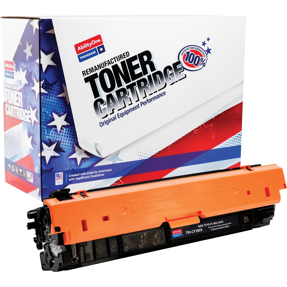 NSN6942425 - Remanufactured toner cartridge is designed for use in HP Color LaserJet Enterprise M533dh, M533dn, M533n, M553x; Color LaserJet Enterprise MFP M577f, MFP M577dn; and Color LaserJet Enterprise flow MFP M577z. AbilityOne toner provides strategic opportunities to address a variety of customer needs, including significant savings, guaranteed performance, compliance with executive orders and free recycling solutions. Plus, every purchase creates jobs for people with disabilities. High-yield cartridge yields approximately 12,500 pages. It is TAA-compliant, assembled in the U.S.A., made using 35 percent post-consumer content and meets ISO 14001 recycling standards.
