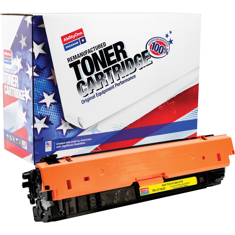 NSN6942770 - Remanufactured toner cartridge is designed for use in HP Color LaserJet Enterprise M533dh, M533dn, M533n, M553x; Color LaserJet Enterprise MFP M577f, MFP M577dn; and Color LaserJet Enterprise flow MFP M577z. AbilityOne toner provides strategic opportunities to address a variety of customer needs, including significant savings, guaranteed performance, compliance with executive orders and free recycling solutions. Plus, every purchase creates jobs for people with disabilities. High-yield cartridge yields approximately 9,500 pages. It is TAA-compliant, assembled in the U.S.A., made using 35 percent post-consumer content and meets ISO 14001 recycling standards.