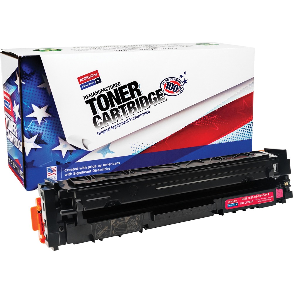 NSN6945344 - Remanufactured toner cartridge is designed for use in HP Color LaserJet Pro MFP M254dw, M281cdw, M281dw and M281fdw. AbilityOne toner provides strategic opportunities to address a variety of customer needs, including significant savings, guaranteed performance, compliance with executive orders and free recycling solutions. Plus, every purchase creates jobs for people with disabilities. TAA-compliant cartridge is assembled in the U.S.A., made using 35 percent post-consumer content and meets ISO 14001 recycling standards. It yields approximately 1,300 pages.