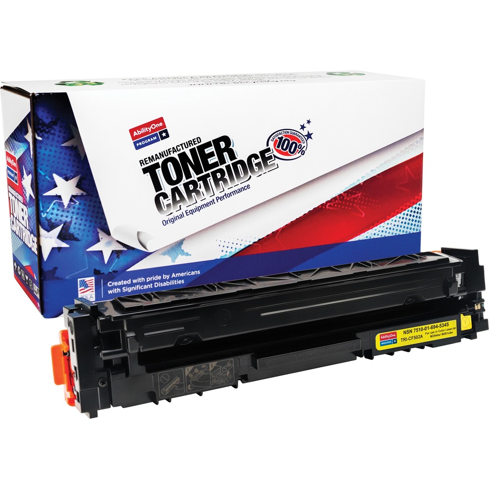 NSN6945345 - Remanufactured toner cartridge is designed for use in HP Color LaserJet Pro MFP M254dw, M281cdw, M281dw and M281fdw. AbilityOne toner provides strategic opportunities to address a variety of customer needs, including significant savings, guaranteed performance, compliance with executive orders and free recycling solutions. Plus, every purchase creates jobs for people with disabilities. TAA-compliant cartridge is assembled in the U.S.A., made using 35 percent post-consumer content and meets ISO 14001 recycling standards. It yields approximately 1,300 pages.