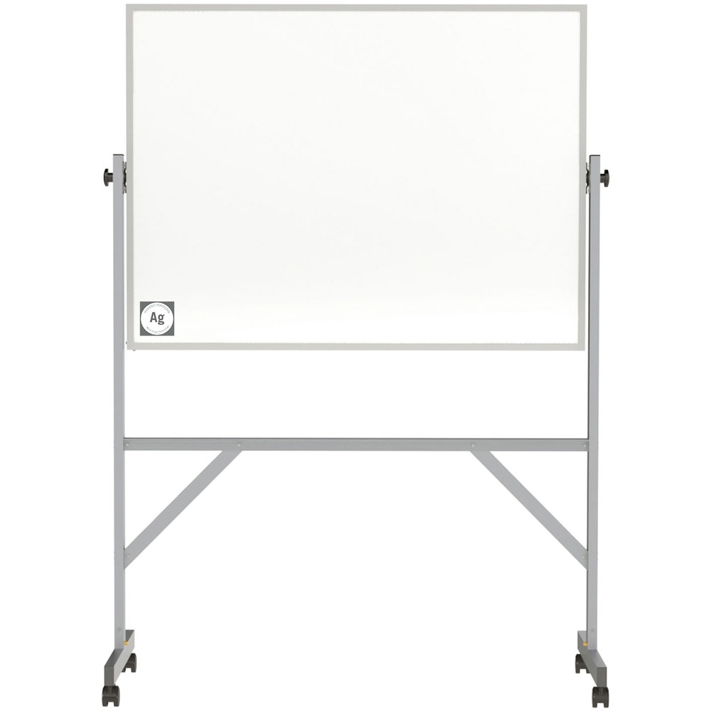 GHEARM4M434 - Mobile Hygienic Dry Erase Board features a next-generation writing surface perfect for high-touch, high-use areas. Traditional look and functionality of a mobile, reversible whiteboard combined with a clean writing surface take dry-erase to the next level. Porcelain surface has an additive of microsilver particles slowly released over the lifetime of the product and eliminates bacteria and viruses within 24 hours of contact. Silver is used in various applications across industries to keep surfaces clean and sanitary. Strength and durability are built into this mobile whiteboard with an aluminum frame and two locking and reversing casters for easy movement. Reversible design allows quick, easy flipping between sides for more writing space. Full-length tray provides easy access to board essentials. Board includes four markers and an eraser.