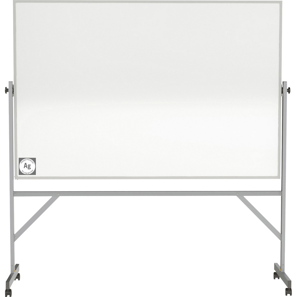 GHEARM4M446 - Mobile Hygienic Dry Erase Board features a next-generation writing surface perfect for high-touch, high-use areas. Traditional look and functionality of a mobile, reversible whiteboard combined with a clean writing surface take dry-erase to the next level. Porcelain surface has an additive of microsilver particles slowly released over the lifetime of the product and eliminates bacteria and viruses within 24 hours of contact. Silver is used in various applications across industries to keep surfaces clean and sanitary. Strength and durability are built into this mobile whiteboard with an aluminum frame and two locking and reversing casters for easy movement. Reversible design allows quick, easy flipping between sides for more writing space. Full-length tray provides easy access to board essentials. Board includes four markers and an eraser.