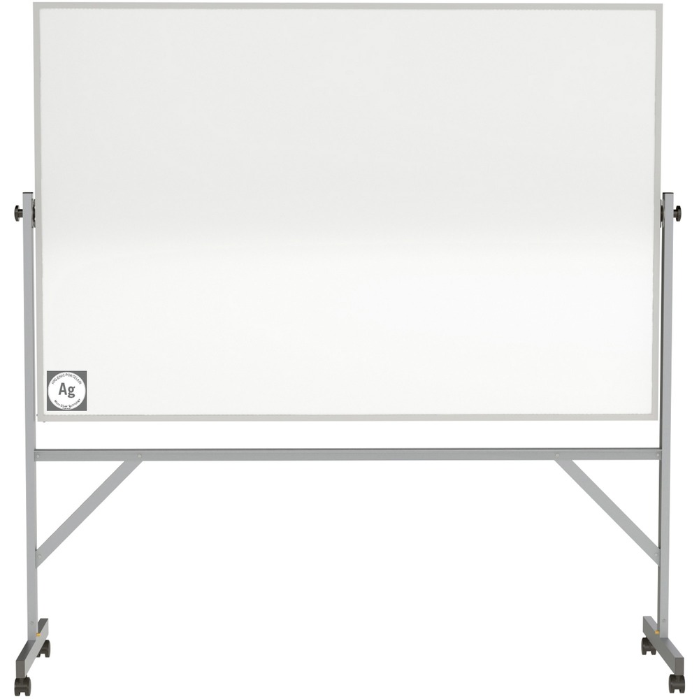 GHEARM4M448 - Mobile Hygienic Dry Erase Board features a next-generation writing surface perfect for high-touch, high-use areas. Traditional look and functionality of a mobile, reversible whiteboard combined with a clean writing surface take dry-erase to the next level. Porcelain surface has an additive of microsilver particles slowly released over the lifetime of the product and eliminates bacteria and viruses within 24 hours of contact. Silver is used in various applications across industries to keep surfaces clean and sanitary. Strength and durability are built into this mobile whiteboard with an aluminum frame and two locking and reversing casters for easy movement. Reversible design allows quick, easy flipping between sides for more writing space. Full-length tray provides easy access to board essentials. Board includes four markers and an eraser.
