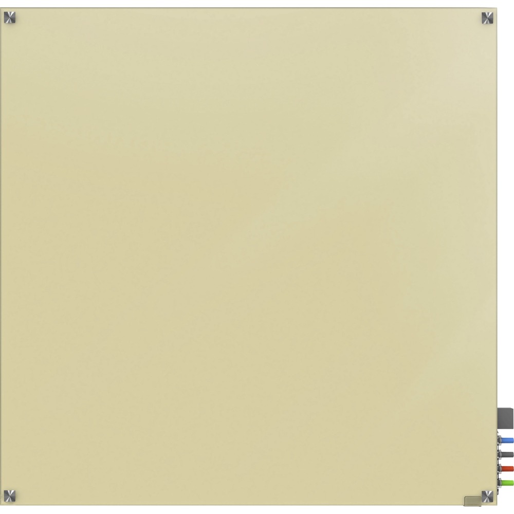 GHEHMYSM44BG - Harmony Colored Dry Erase Board is eco-friendly, 100 percent recyclable and made from recycled glass, sand and steel. Unframed board features 1" square corners, square standoffs and flat polished edges. The 1/4" thick, tempered glass provides a nonporous surface that will not ghost or stain and works with standard, dry-erase markers. Rear face is painted for a vivid contrast. Steel sheet backing provides a tackable surface with the use of rare earth magnets. Predrilled mounting holes are inset into the glass. The 1" square standoff hangers made of satin aluminum create a 1-1/4" spacing between the wall and glass. Board includes four rare earth magnets, four markers, an eraser and rear-mounted accessory holder made of clear acrylic.
