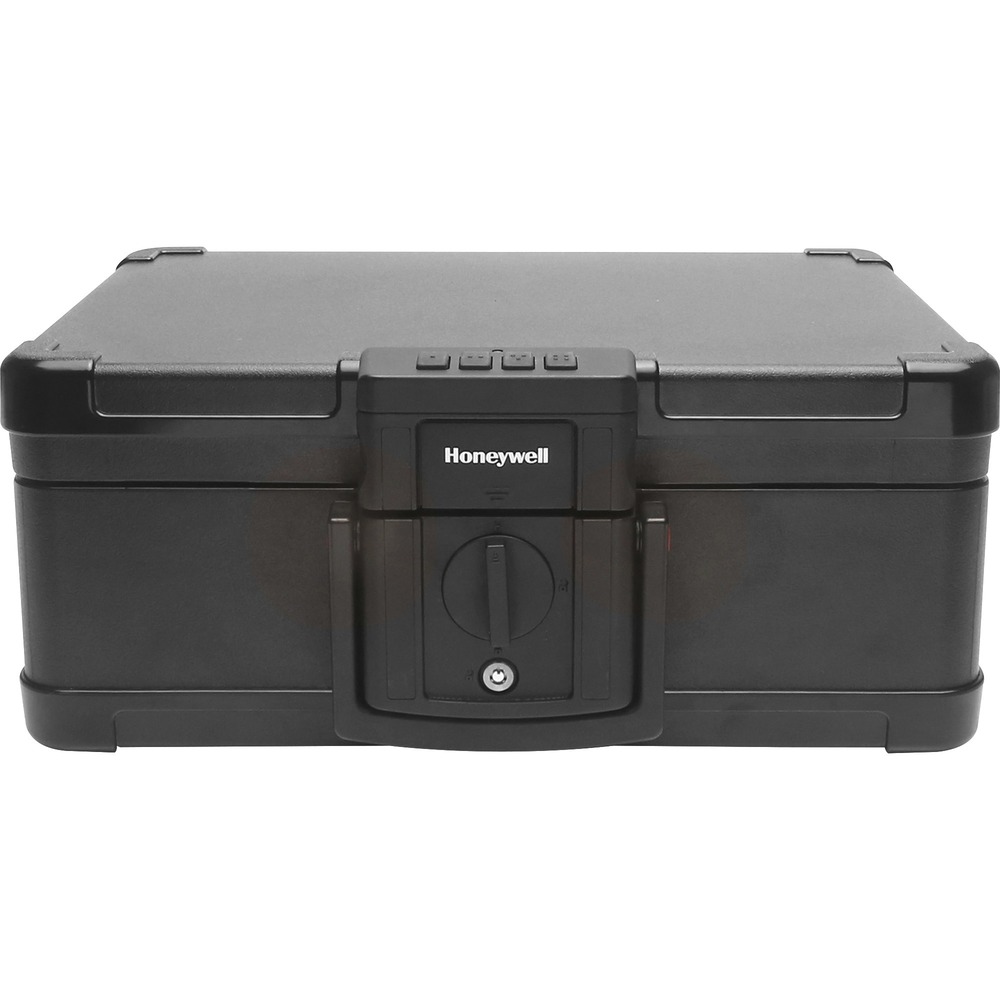 HYM1553 - The Honeywell 1553 Fire/Water Resistant Security Chest provides three-in-one protection. Fireproof safe is ETL Fire Verified for 30 minutes. An 80-hour waterproof seal ensures the safe's contents will be kept dry, even when submerged 1 meter underwater. Chest implements a personalized, six-digit code lock. Access your fireproof safe with two included keys if you forget your code. Perfect for securing any number of small valuables, this portable safe can also protect important letter-size documents. Convenient carry handle boosts mobility. Chest provides safety and security for your essential documents and most valuable possessions while being prepared for events such as a disaster, fire or an invasion of your home or office.