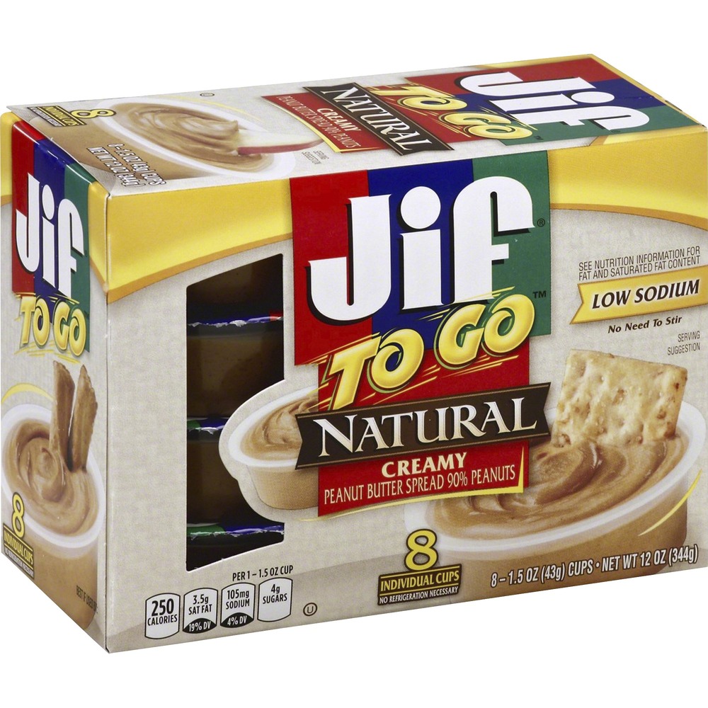 SMU24307 - Enjoy the delicious taste of Jif Natural Peanut Butter Spread in a convenient, to-go cup. Portable, easy-to-use cups are perfect for dipping your favorite snacks or vegetables. Single-serve cups are great for portion control. Kosher pareve, low-sodium peanut butter does not require refrigeration.