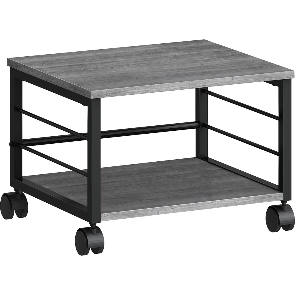 LLR60262 - Underdesk Mobile Machine Stand easily rolls under your desk or beside it to hold your essential devices. Metal frame with black powder coating offers sturdy support. Top shelf holds up to 100 lb., and the bottom shelf holds up to 50 lb. The 3/5" thick shelves feature charcoal laminate and PVC edge. Open back and sides allow easy cord management. Two of the four 2" diameter, dual-wheel casters lock to park the machine stand where you need it.