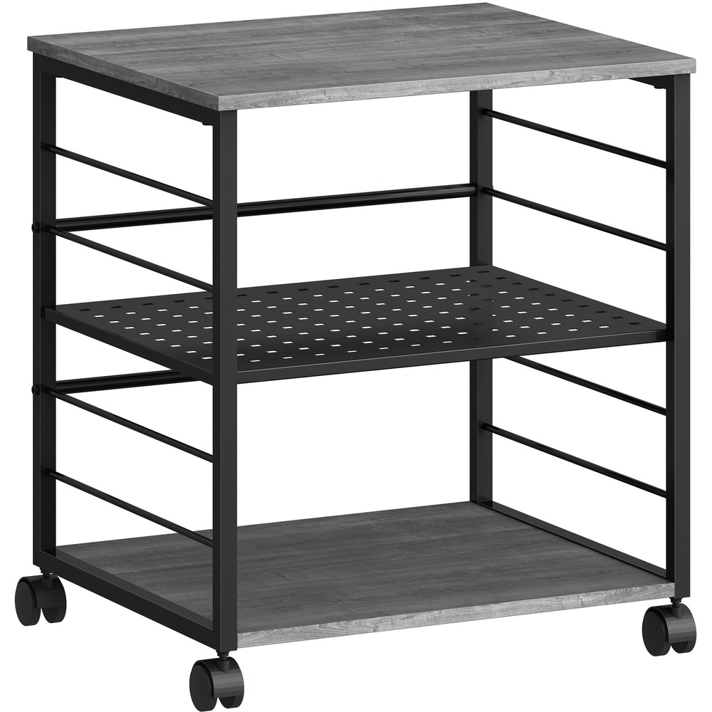LLR60263 - Deskside Mobile Machine Stand with three shelves easily rolls beside your desk to hold your essential devices. Metal frame with black powder coating offers sturdy support. Top shelf holds up to 100 lb., and two bottom shelves each hold up to 50 lb. Perforated hole pattern on middle metal shelf dissipates heat to keep equipment running cool and efficient while reducing the chances of any possible overheating. The 3/5" thick shelves feature charcoal laminate and PVC edge. Open back and sides allow easy cord management. Two of the four 2" diameter, dual-wheel casters lock to park the machine stand where you need it.