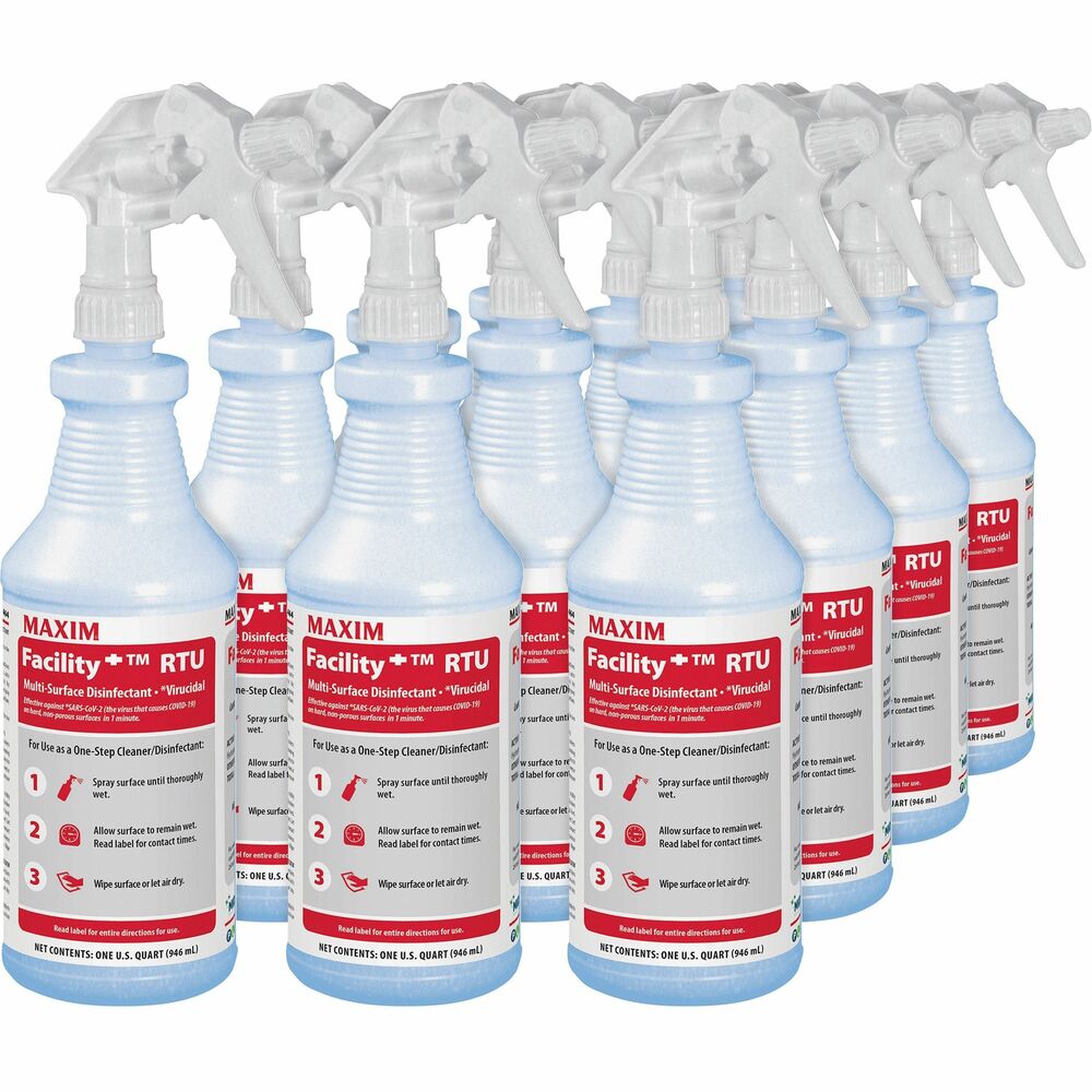 MLB04640012 - Maxim Facility Multi-surface Disinfectant is effective against SARS-CoV-2 in 1 minute and comes ready to use for immediate help to clean and disinfectant your facility more thoroughly. It is also effective against Staph and Salmonella enterica. Use this hydrogen peroxide disinfectant cleaner on multiple types of surfaces: aluminum, chrome, finished floors, glass surfaces, glazed ceramic, glazed porcelains, laminated surfaces, metal, mirrors, sealed concrete, sealed stone, stainless steel, vinyl and plastic upholstery and washable wallpaper. It is great for healthcare facilities, hospitals, schools, offices and public facilities.