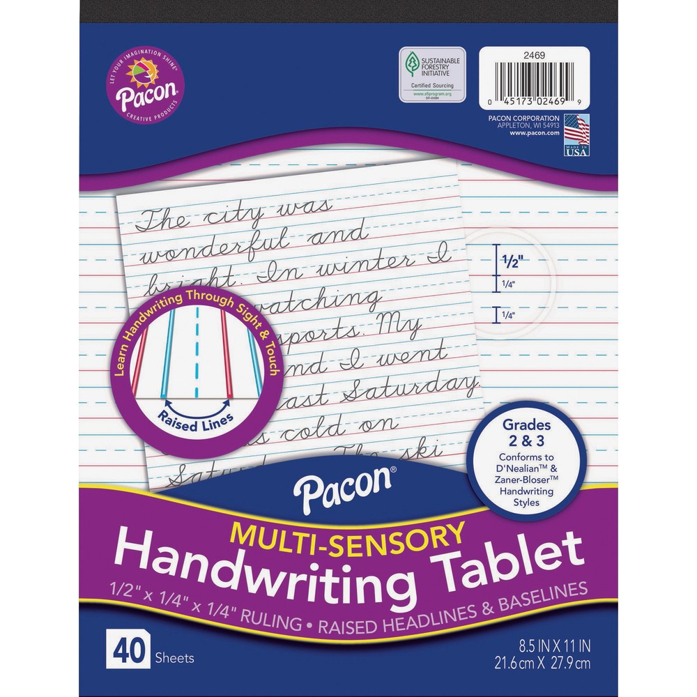 PACP2469 - Help students learn and practice their writing skills by giving them a tablet with ruled paper that can not only be seen but felt. Raised headlines and baselines on this Multi-Sensory Handwriting Tablet give students some extra-sensorial cues to guide them in letter formation, spacing and organization. They can learn handwriting through two senses: sight and touch. This portrait-oriented tablet mimics a standard notebook, making it a great option for students who benefit from the raised ruling, but may not want to draw attention to their learning difference. Headlines are blue, and baselines are red. It has a 1/2" ruling, 1/4" dotted midline and 1/4" skip space. Tablet conforms to both D'Nealian and Zaner-Bloser handwriting styles.