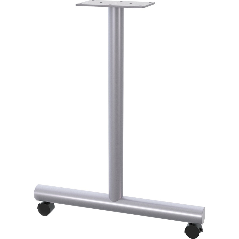 LLR60610 - Tubular steel T-Leg base with 14-gauge steel construction delivers lasting support for your 24" deep Lorell Relevance Tabletops. Welded mounting plate (5" x 8") offers a large surface for attachment and added support. Attach your tabletop with 14 No. 12 screws (not included). Dual-wheeled casters allow you to easily reconfigure your assembled training tables as needed and lock to prevent movement. 2" diameter casters hold up to 112 lb.