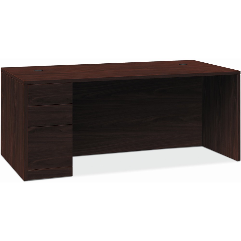 HON105898LNN - Left-pedestal desk belongs to the HON 10500 Series Wood Laminate Furniture, a versatile collection for any office arrangement. Smooth, flat edges and a full modesty panel deliver a clean, streamlined look. Scratch-resistant, spill-resistant and wear-resistant, Mahogany laminate on strong inner-frame construction assures trouble-free performance and long life. Desk features one pedestal on the left side with two box drawers for supplies and one file drawer for filing. All drawers feature five-sided construction for added strength and easy alignment or replacement of drawer fronts. Drawers operate on full-extension, ball-bearing suspension. File drawer includes integrated hangrails for side-to-side letter-size or legal-size filing and front-to-back letter-size filing. Desk also has a rectangular top; interchangeable, core-removable lock for quick, easy rekeying; and two 3" round grommets to route and hide wires and cables. Center drawer for the desk is sold separately.