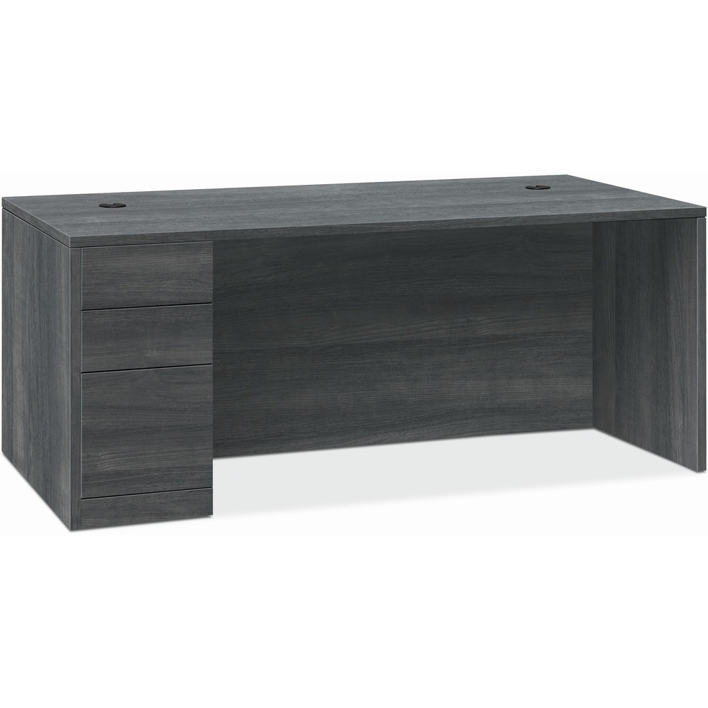 HON105898LLS1 - Left-pedestal desk belongs to the HON 10500 Series Wood Laminate Furniture, a versatile collection for any office arrangement. Smooth, flat edges and a full modesty panel deliver a clean, streamlined look. Scratch-resistant, spill-resistant and wear-resistant, Sterling Ash laminate on strong inner-frame construction assures trouble-free performance and long life. Desk features one pedestal on the left side with two box drawers for supplies and one file drawer for filing. All drawers feature five-sided construction for added strength and easy alignment or replacement of drawer fronts. Drawers operate on full-extension, ball-bearing suspension. File drawer includes integrated hangrails for side-to-side letter-size or legal-size filing and front-to-back letter-size filing. Desk also has a rectangular top; interchangeable, core-removable lock for quick, easy rekeying; and two 3" round grommets to route and hide wires and cables. Center drawer for the desk is sold separately.