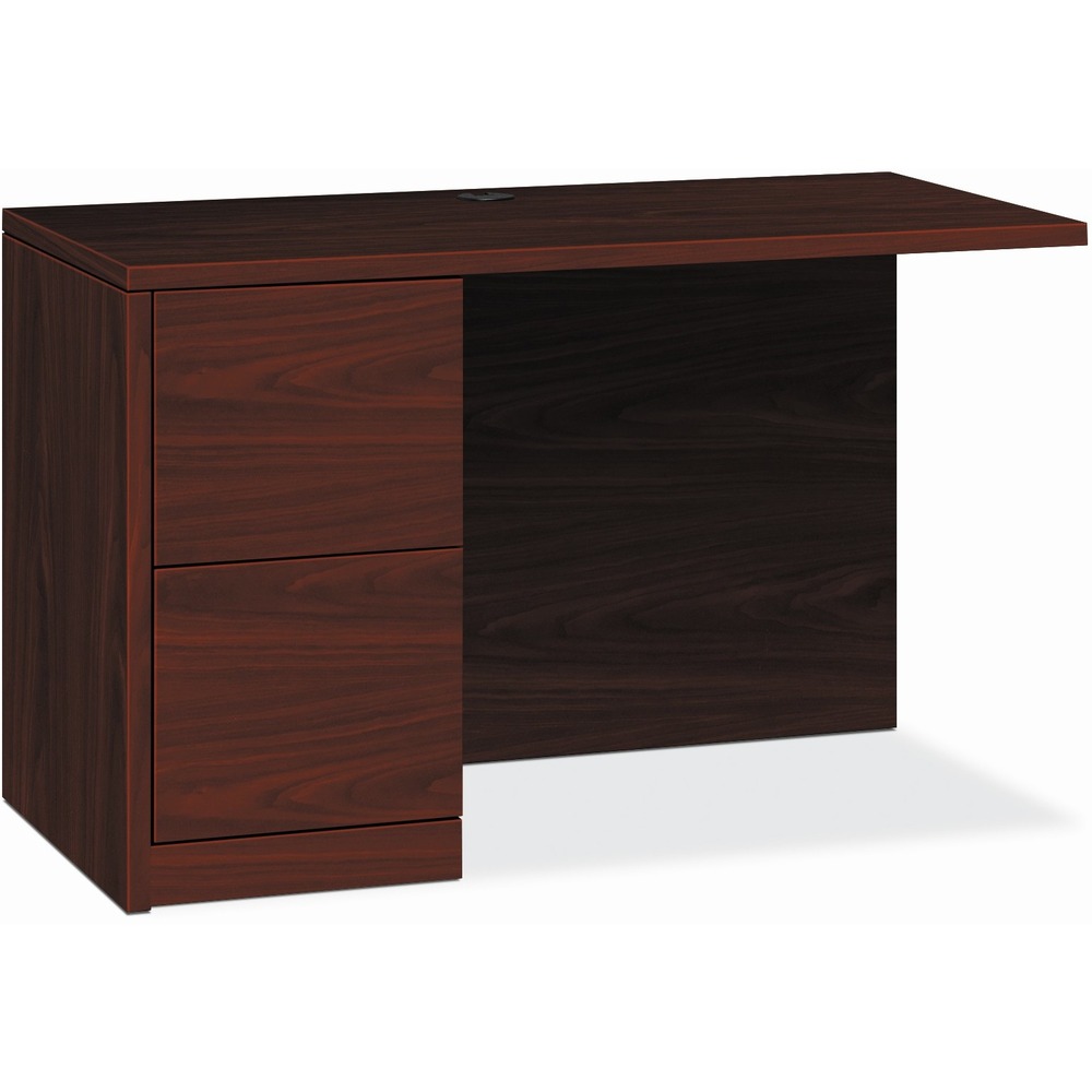 HON105908LNN - Return with single pedestal must be used with right-pedestal desks, desk shells, peninsulas or corner units in the HON 10500 Series Wood Laminate Furniture, a versatile collection for any office arrangement. Smooth, flat edges and a full modesty panel deliver a clean look. Scratch-resistant, spill-resistant and wear-resistant, Mahogany laminate on strong inner-frame construction assures trouble-free performance and long life. Return features one full pedestal on the left with two locking file drawers that include integrated hangrails for side-to-side letter-size and legal-size folders and front-to-back letter-size filing. Five-sided drawers operate on full-extension, ball-bearing suspension to ensure smooth, long-lasting operation. Non-freestanding return also has one worksurface grommet and one-cord, passthrough grommet in the top center of the modesty panel to reach wall electrical outlets and interchangeable, core-removable lock for quick, easy rekeying.