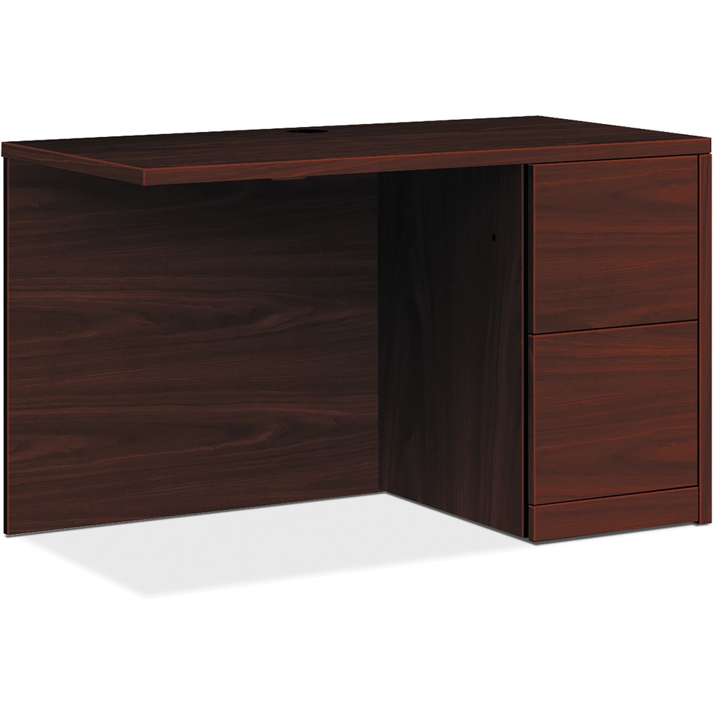 HON105907RNN - Return with single pedestal must be used with left-pedestal desks, desk shells, peninsulas or corner units in the HON 10500 Series Wood Laminate Furniture, a versatile collection for any office arrangement. Smooth, flat edges and a full modesty panel deliver a clean look. Scratch-resistant, spill-resistant and wear-resistant, Mahogany laminate on strong inner-frame construction assures trouble-free performance and long life. Return features one full pedestal on the right with two locking file drawers that include integrated hangrails for side-to-side letter-size and legal-size folders and front-to-back letter-size filing. Five-sided drawers operate on full-extension, ball-bearing suspension to ensure smooth, long-lasting operation. Non-freestanding return also has one worksurface grommet and one-cord, passthrough grommet in the top center of the modesty panel to reach wall electrical outlets and interchangeable, core-removable lock for quick, easy rekeying.