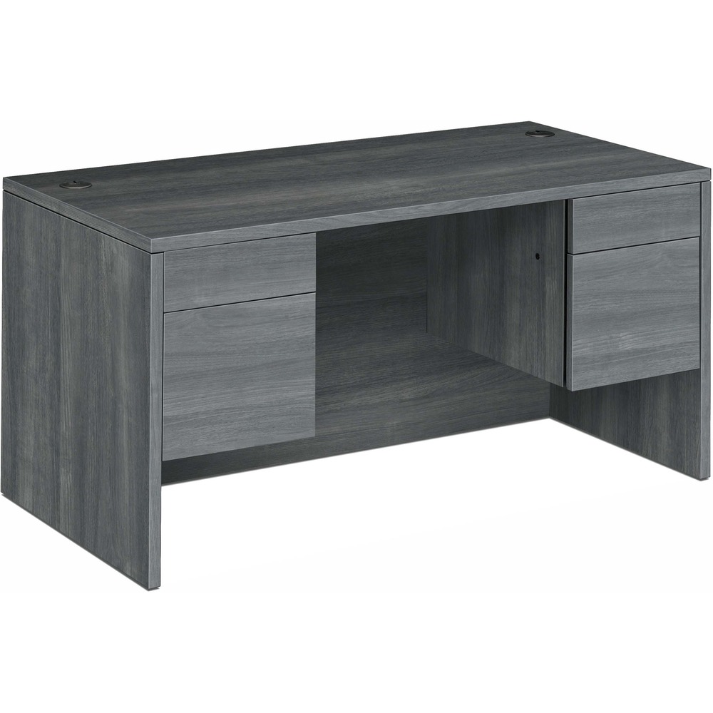 HON10573LS1 - Double-pedestal desk with rectangular top is part of HON 10500 Series Wood Laminate Desking that offers practical functionality and uncompromising durability. Durable, 1-1/8" solid-core, high-performance particleboard resists warping. Laminate is scratch-resistant, stain-resistant and spill-resistant. Desk features full-height modesty panel and 3/4 pedestal with one box and one file drawer. Drawers lock and offer five-sided construction for easy drawer alignment or replacement of drawer fronts. Interchangeable, core-removable lock makes rekeying quick and easy. Box drawers operate on ball-bearing suspension with 3/4 extension while the file drawers extend fully on ball-bearing suspension. Included hangrails are designed for side-to-side, letter-size or legal-size filing and front-to-back letter-size filing. Two round grommets (3") in the desktop offer easy cord management.