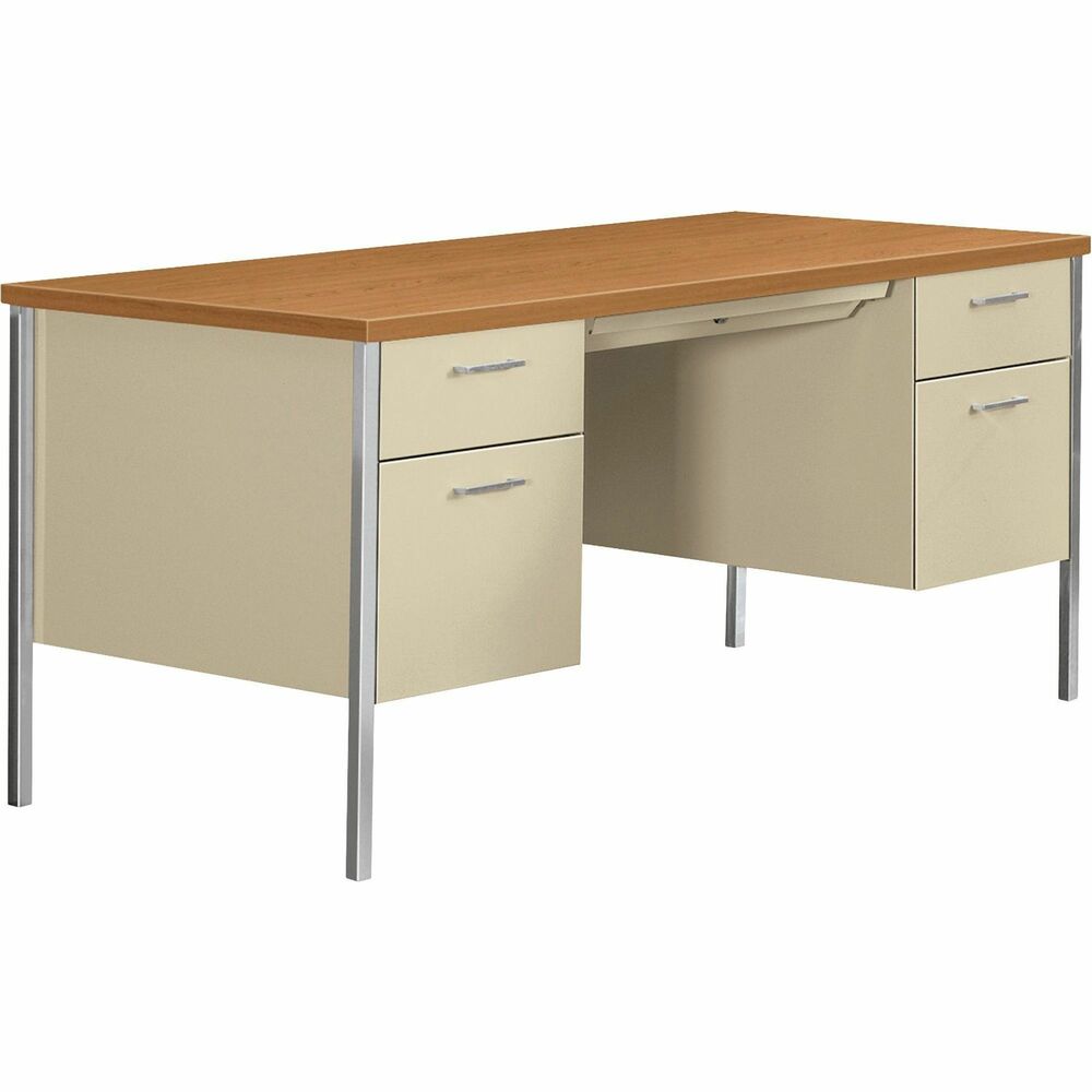 HON34962CL - 60" wide x 30" deep x 29-1/2" high harvest/putty color 34000 Series Steel Box/Box/File/File Double Pedestal Desk features an easy-care laminate top and polished chrome legs for an upscale look. Its heavy-duty reinforced double "O" frame promises years of optimum performance. "True-fit" mitered drawer fronts offer better visual alignment. Nylon roller suspension system-equipped, three-quarter extension box drawers open and close smoothly. Include dividers. Full-extension, high-sided, triple-tied suspension file drawers accommodate hanging files without hangrails. Spring-loaded follower blocks keep files to the front. Center drawer houses an included supply tray and features a convenient universal drawer lock. HON interchangeable lock cores simplify key management. Three-quarter height modesty panel delivers privacy. Desk meets or exceeds ANSI/BIFMA and ISTA performance standards.