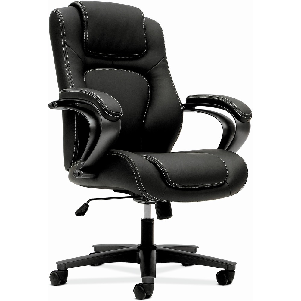 BSXVL402EN11 - Executive high-back chair features a generously proportioned seat and back cushions that are welcoming to every body. Segmented, padded back design with contrasting top stitch offers an upscale look for any executive office or conference environment. Swivel/tilt allows the chair to recline effortlessly, promoting movement and comfort throughout the day. Other functions include pneumatic seat-height adjustment from 17" to 21" , 360-degree swivel, tilt tension and tilt lock. Design includes waterfall seat edge and fixed loop arms. Five-star plastic base is equipped with dual-wheel casters for easy chair movement. Weight capacity is 250 lb.