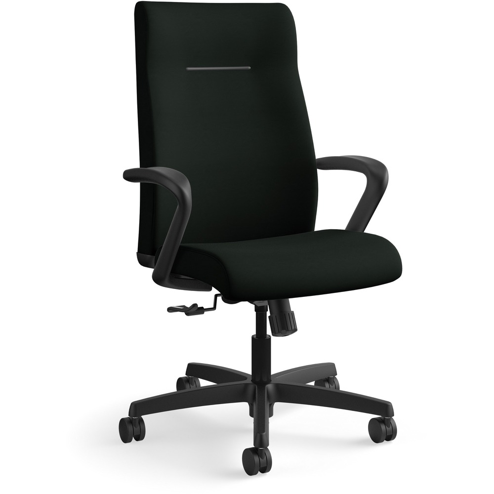 HONIE102UR10 - Executive high-back chair is designed to provide comfortable support for those who spend more than half the day at their desk or computer. As part of the HON Ignition Seating Series, this chair is perfect behind a desk or around a conference table. Functions include pneumatic seat-height adjustment from 17" to 21" , ratchet back-height adjustment, 360-degree swivel, tilt, tilt tension and tilt lock. Design also features fixed arms, black polyurethane upholstery, a five-star base and swivel casters. Distance between arms is 20". Seat size is 20" wide x 18" deep. Usable seat depth is 17". Back measures 20" wide x 25" to 28" high. Weight capacity is 300 lb. High-back chair meets or exceeds applicable ANSI/BIFMA standards. More from the Manufacturer