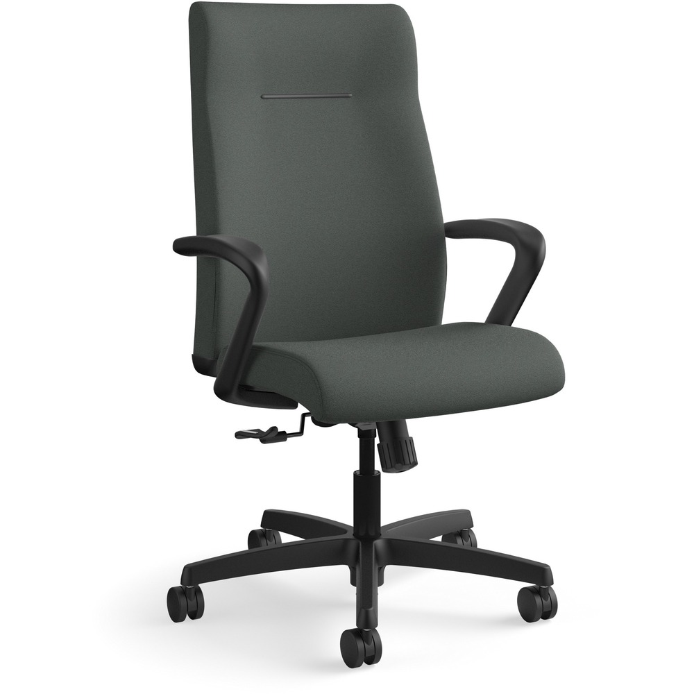 HONIE102CU19 - Executive high-back chair is designed to provide comfortable support for those who spend more than half the day at their desk or computer. As part of the HON Ignition Seating Series, this chair is perfect behind a desk or around a conference table. Functions include pneumatic seat-height adjustment from 17" to 21" , ratchet back-height adjustment, 360-degree swivel, tilt, tilt tension and tilt lock. Design also features fixed arms, Centurion fabric upholstery in Iron Ore, a five-star base and swivel casters. Distance between arms is 20". Seat size is 20" wide x 18" deep. Usable seat depth is 17". Back measures 20" wide x 25" to 28" high. Weight capacity is 300 lb. High-back chair meets or exceeds applicable ANSI/BIFMA standards. More from the Manufacturer