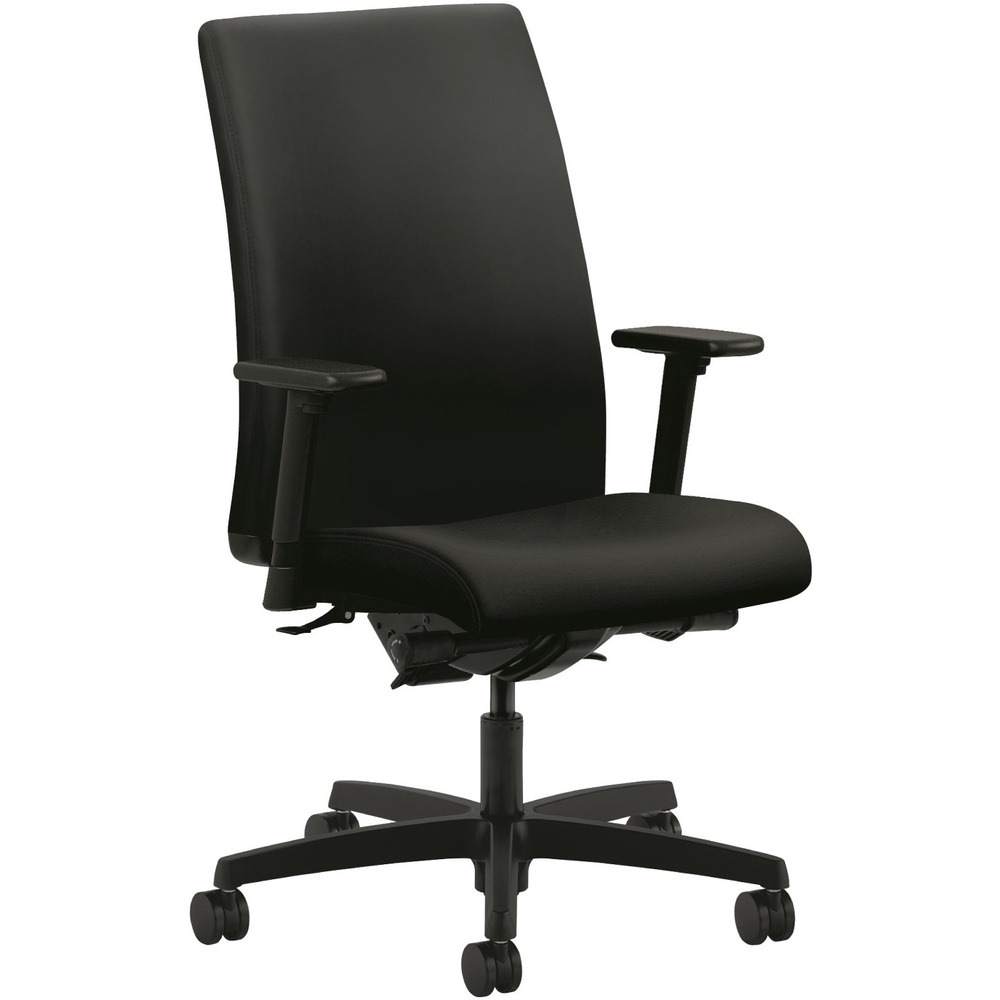 HONIW104UR10 - Mid-back Task Chair is designed to provide comfortable support for those who spend more than half the day at their desk or computer. As part of the HON Ignition Seating Series, this chair is perfect behind a desk or around a conference table. Deeply sculpted lumbar support cradles the lower back. Synchro-tilt and independent back angle deliver an exceptional range of motion. Other functions include pneumatic seat-height adjustment from 17-1/2" to 22" , seat-glide mechanism, back-angle adjustment, ratchet back-height adjustment from 21" x 24" , 360-degree swivel, tilt, tilt tension, tilt lock and synchronized knee tilt. These functions make it feel like the chair was designed just for you. Arms adjust in height and width for upper body support wherever it feels best. Weight capacity is 300 lb. Design also features black polyurethane upholstery; five-star base; and dual-wheeled casters for easy mobility. More from the Manufacturer