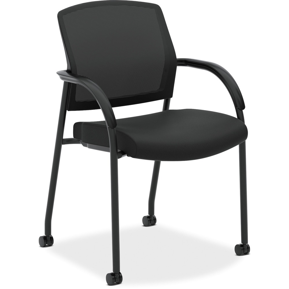 HON2285VA10 - The Lota guest chair with a mesh back is ideal for both private offices and multipurpose or training rooms. The simple angular design will look great in any application. Breathable mesh back, cushioned fabric seat and fixed looped arms will provide comfort for your guests and trainees. Steel frame with black powder-coat finish delivers lasting durability. Each multipurpose chair includes both dual-wheeled casters and glides for the four-leg base to provide choices in mobility. Chairs stack four high. Seat measures 18-7/8" wide x 17-3/4" deep x 19-1/8" high. Back size is 17-7/8" wide x 17-3/4" high.