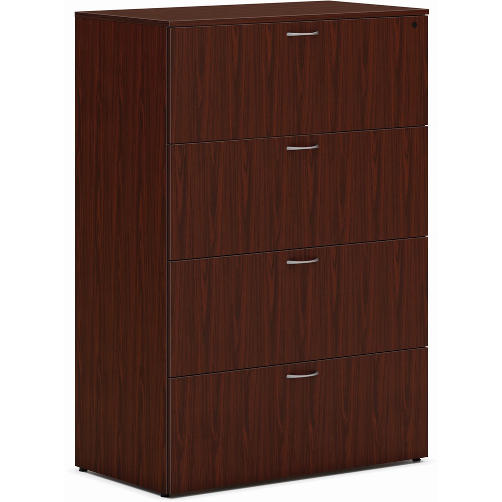 HONLLF3620L4LT1 - Four-drawer lateral file is part of the HON Mod Desk Collection that delivers simplicity and adaptability to enhance your productivity. The contemporary design feels perfectly at home in either a private office or an open floor plan. Lateral file accommodates a large volume of filing in an efficient format that saves floor space, increasing the storage capacity of a workstation. Drawers are equipped with standard hangrails to hold either letter-size or legal-size hanging files. File folders are arranged side-to-side to take up less aisle space when drawers are opened. Steel ball-bearing, drawer suspensions operate easily and quietly. Leveling glides compensate for uneven floors. Durable, Mahogany laminate is scratch-resistant, spill-resistant and stain-resistant. Mahogany matches other Mod elements (sold separately) so you can create an office suite to fit your needs. More from the Manufacturer