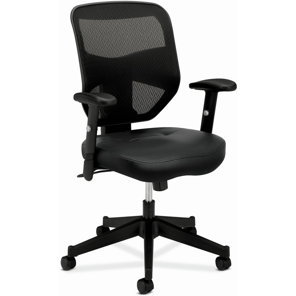 BSXVL531SB11 - High-back work chair offers a supportive mesh back and SofThread leather seat for responsive seating. Adjustable-height arms adjust vertically to accommodate different arm lengths from the shoulder to the elbow. Functions include 360-degree swivel, pneumatic seat-height adjustment, tilt, tilt tension and tilt lock. Tilt allows a comfortable rocking/reclining motion. Tilt tension adjusts the amount of resistance when reclining to accommodate individual weight and work styles. Tilt lock secures the chair in an upright position for constant back support when not reclining. Five-star base features 2" diameter dual black wheels and injection-molded plastic. Arms are also made with black injection-molded plastic and built-in polyurethane arm pads for comfort.