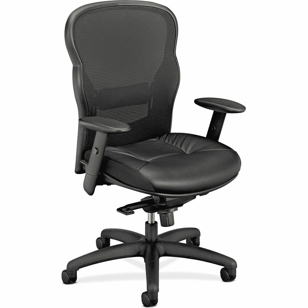 BSXVL701SB11 - Mesh high-back chair offers contemporary styling with incredible comfort and support. Breathable black mesh is comfortable with built-in, adjustable lumbar support. Arms adjust in height. Sturdy base ensures strength and stability. The high-quality materials and customizable controls make it a smart solution for any application. Task chair features a thickly padded seat wrapped in luxurious SofThread Leather with side mesh panels and sturdy, textured black frame. Functions include pneumatic seat-height adjustment from 19" to 21" , 360-degree swivel, knee tilt, tilt tension and infinite tilt lock. Weight capacity is 250 lb. Seat measures 22" wide x 20-3/4" deep. Back size is 23" wide x 23-3/4" high. More from the Manufacturer
