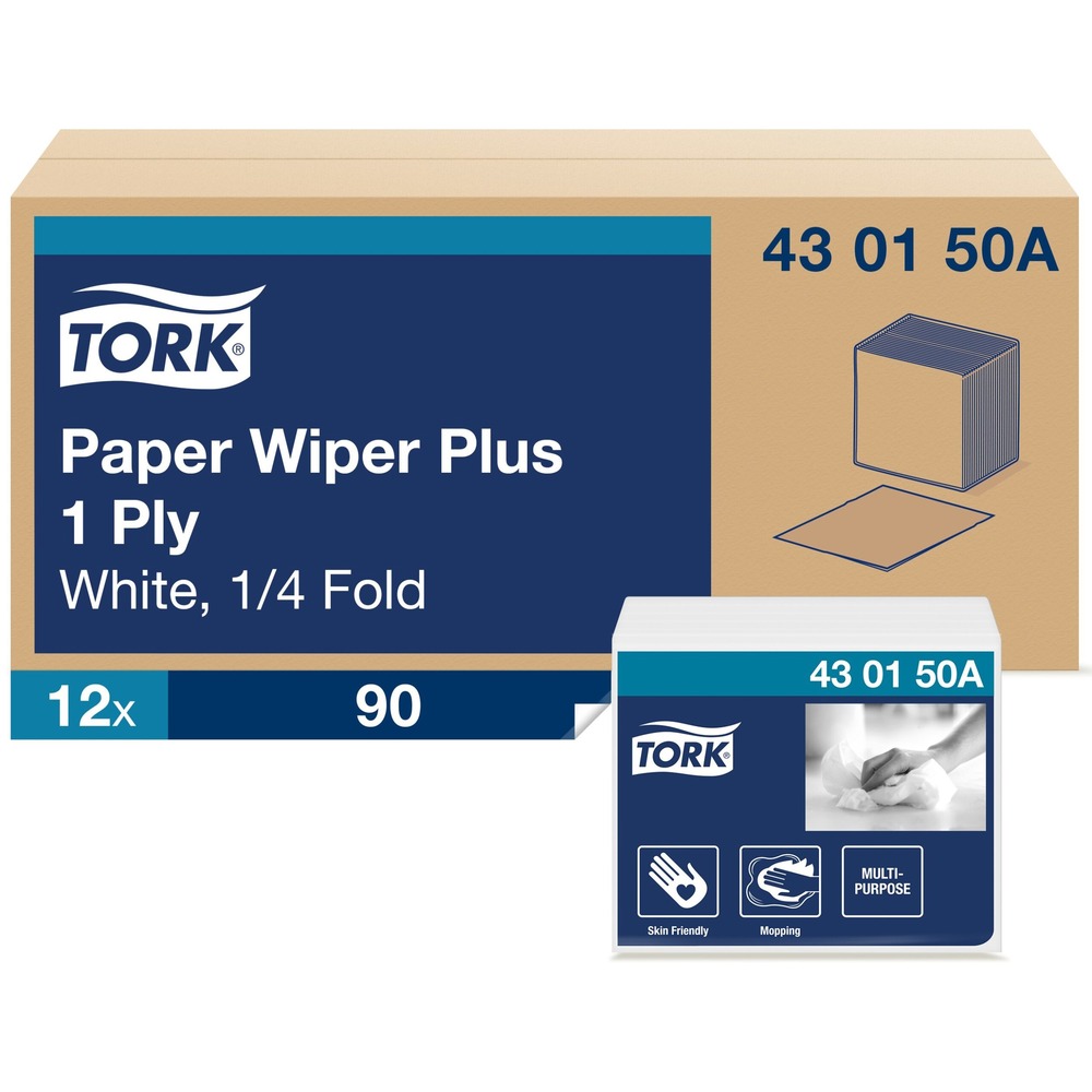 TRK430150A - Part of the Tork Paper Wiper Plus solution, these multipurpose paper towels are ideal for picking up liquid and hand-wiping. The 1/4-format allows efficient use of the entire wiper. Multipurpose, one-ply cloth is handy for a wide range of tasks to limit number of different cloths needed. It is strong and durable. It won't tear easily and can be reused. Soft and strong yet absorbent paper dries more efficiently for less waste. Its strong texture and high absorbency makes it ideal for removing oil, grease, lubricants and dirt.