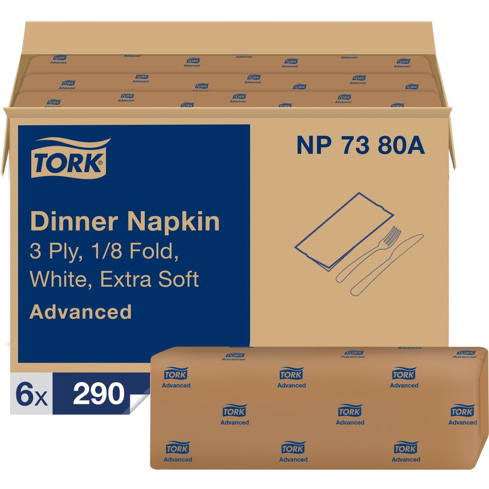 TRKNP7380A - Tork White Dinner Napkin: Don't compromise quality and upgrade the look and feel of your casual dining establishment with Tork dinner napkins. Forget linen service fees, costly replacements and laundry charges-these napkins have a quality look and feel, but cost considerably less. Avoid fraying edges and less-than-ideal absorbency with these 3-ply, rose embossed napkins. Embrace sustainability and conserve natural resources with these napkins that are made from 100% recycled, 40% post-consumer fibers.  Advantages at a glance:  100% recycled fibers 40% post consumer fibers Certified compostable ECOLOGO certified EPA compliant  More from the Manufacturer