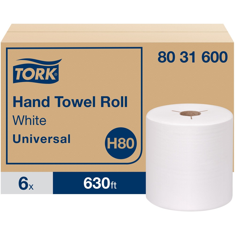 TRK8031600 - Tork Universal Hand TowelsThe white paper hand towels in Universal quality meet basic requirements in the washroom. Products in the Universal line are designed for businesses seeking to provide their washroom with economic, cost-efficient solutions, in good quality, which still maintains a professional appearance. These general towels are suitable for healthcare, manufacturing, industrial and educational facilities. Tork Universal Hand Towel Roll:  Moderate roll size - ideal combo of quality, performance, and value 8" width, extended length for heavy traffic areas Made from 100% recycled fiber Minimum of 40% post-consumer fibers    Compatible with Tork H80 Hand Towel Dispensers More from the Manufacturer
